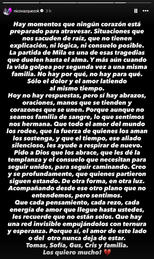 El desgarrador mensaje de Nico Vázquez tras la muerte de Mila, la nieta de Cris Morena: &#8220;Ningún corazón está preparado para atravesarlo&#8221;