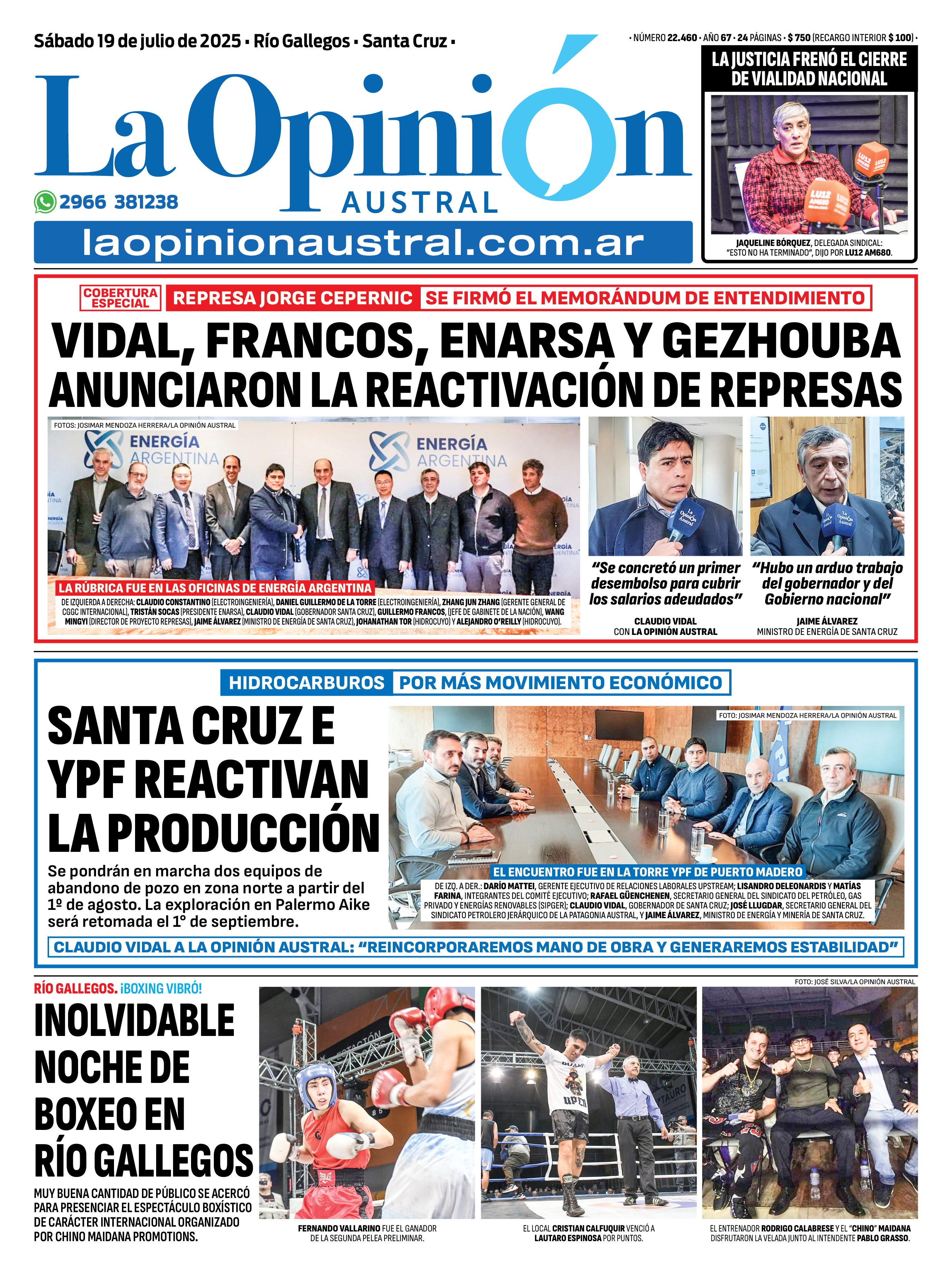  La tapa de La Opinión Austral del 19 de julio con la firma del memorándum.