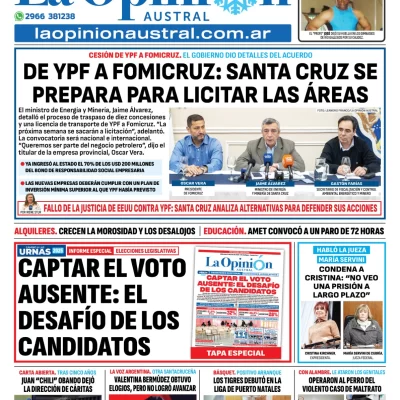 Tapa del Diario La Opinión Austral edición impresa del miércoles 2 de julio de 2025, Río Gallegos, Santa Cruz, Argentina