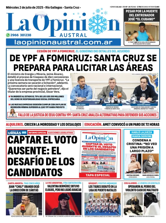 Tapa del Diario La Opinión Austral edición impresa del miércoles 2 de julio de 2025, Río Gallegos, Santa Cruz, Argentina