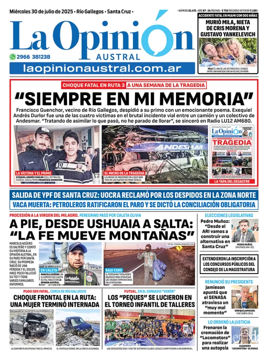 Tapa del Diario La Opinión Austral edición impresa del miércoles 30 de julio de 2025, Río Gallegos, Santa Cruz, Argentina