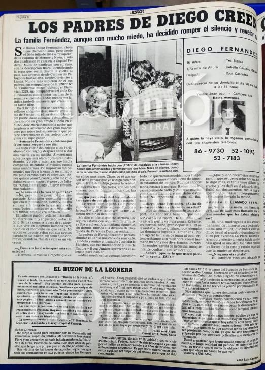  Nota por la desaparición de Diego Fernández en la revista 