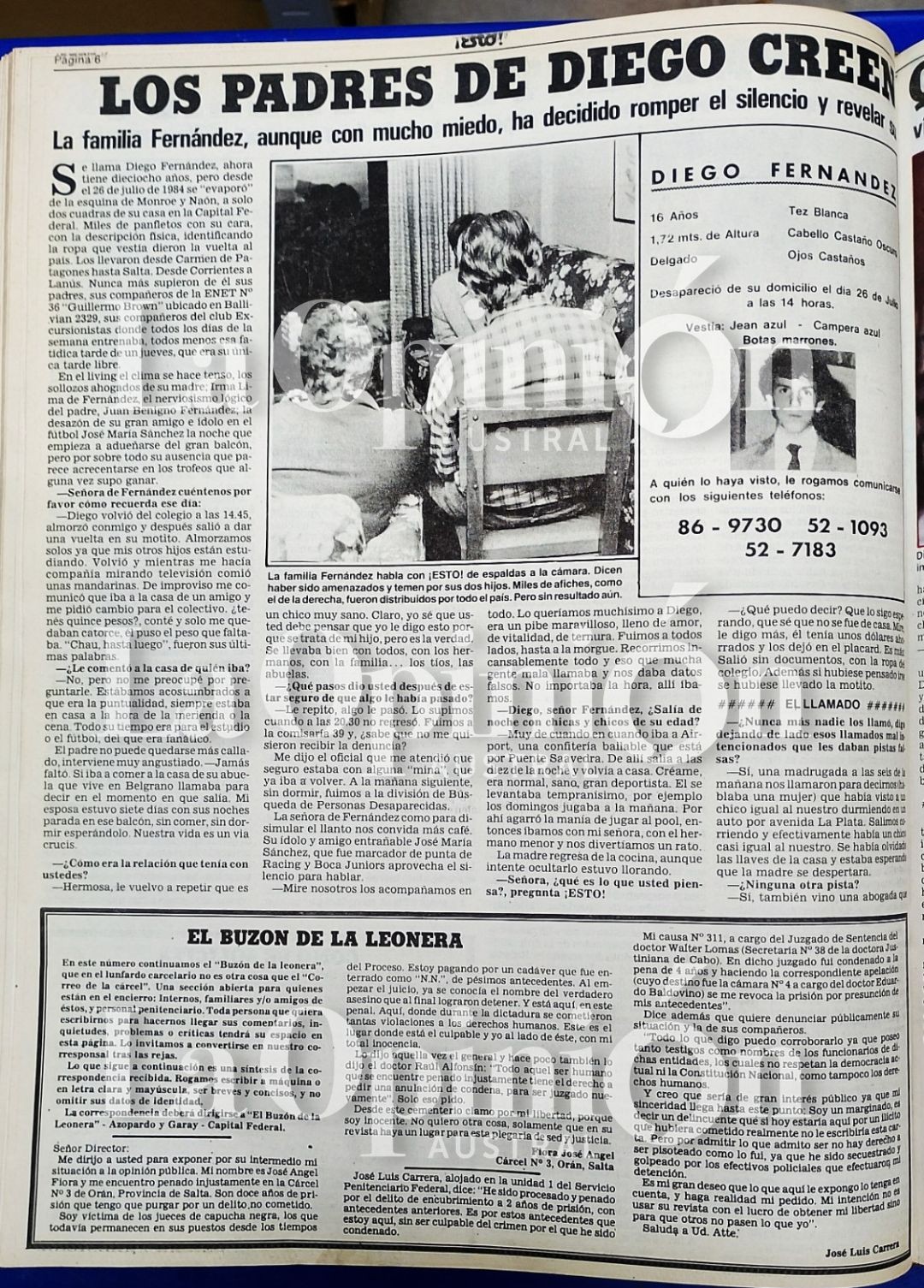  Nota por la desaparición de Diego Fernández en la revista 