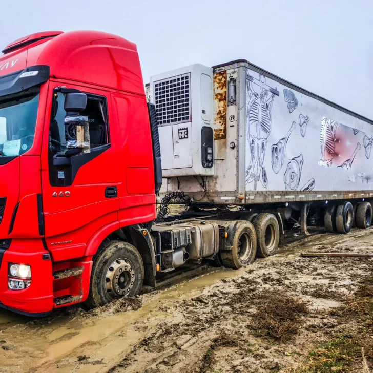 Un camión quedó encajado en el barro y debieron rescatarlo