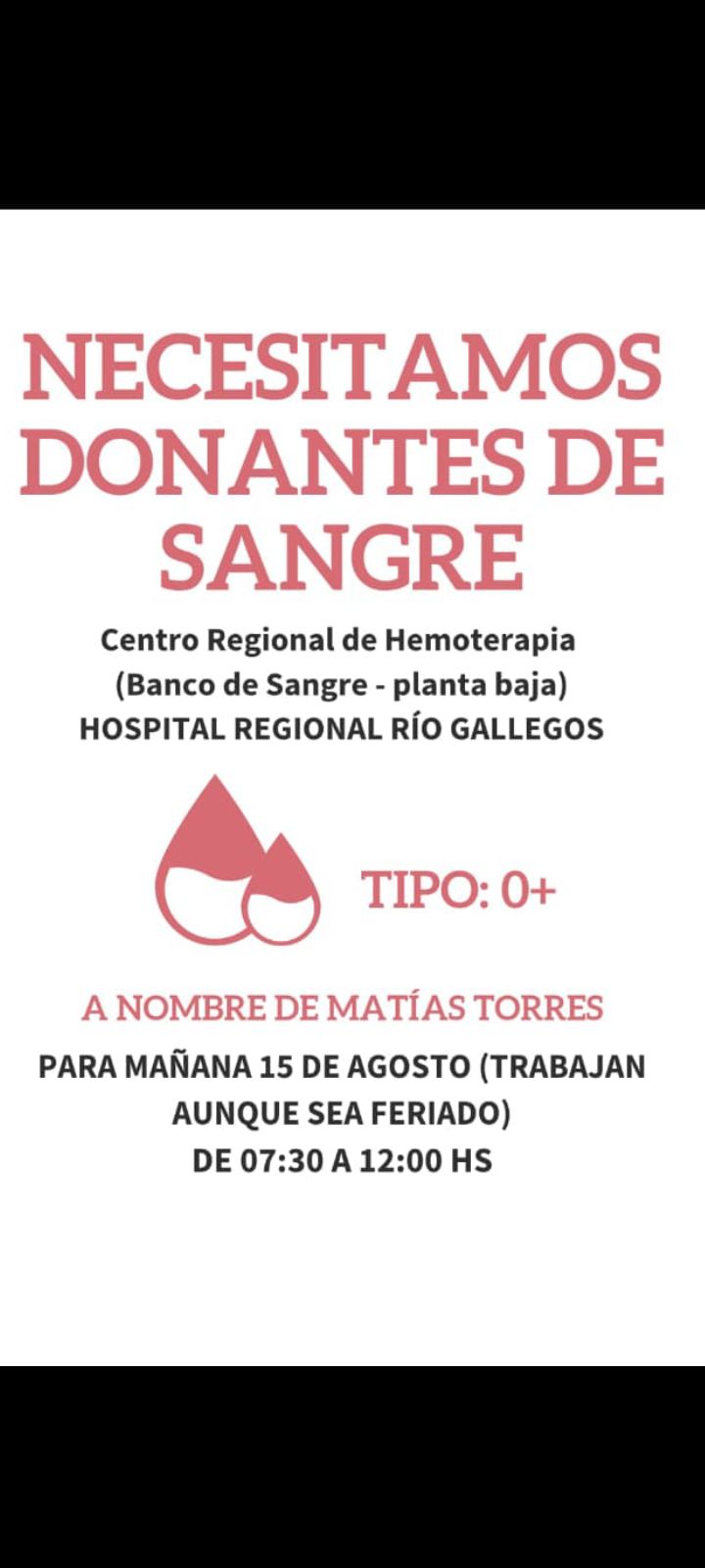 Río Gallegos: buscan donantes de sangre para un paciente en urgencia