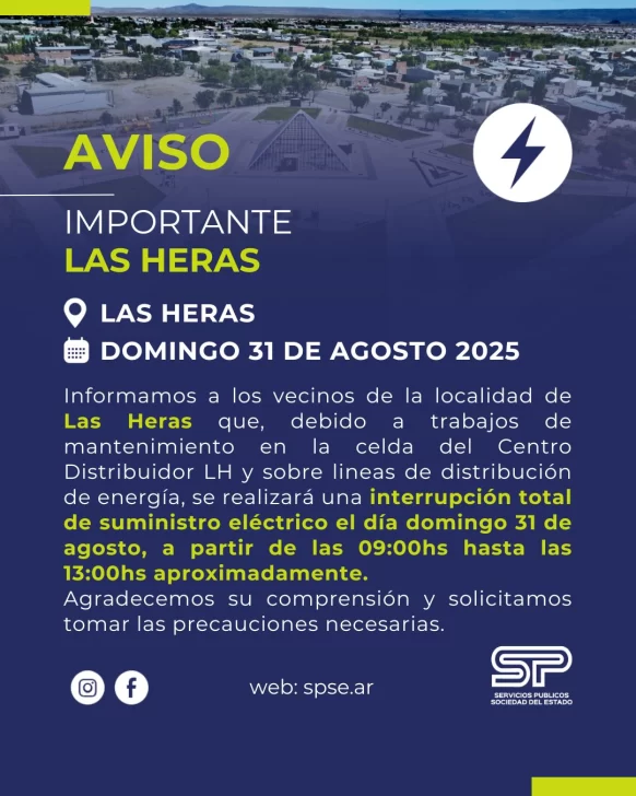 Corte total de energía en Las Heras para este domingo: cuánto durará