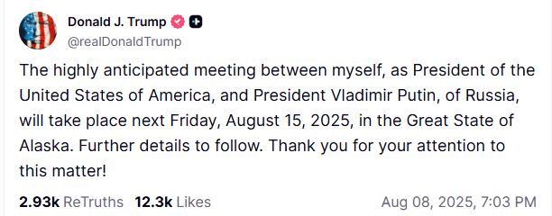 Trump confirmó una cumbre en Alaska con Putin para definir el fin de la guerra en Ucrania