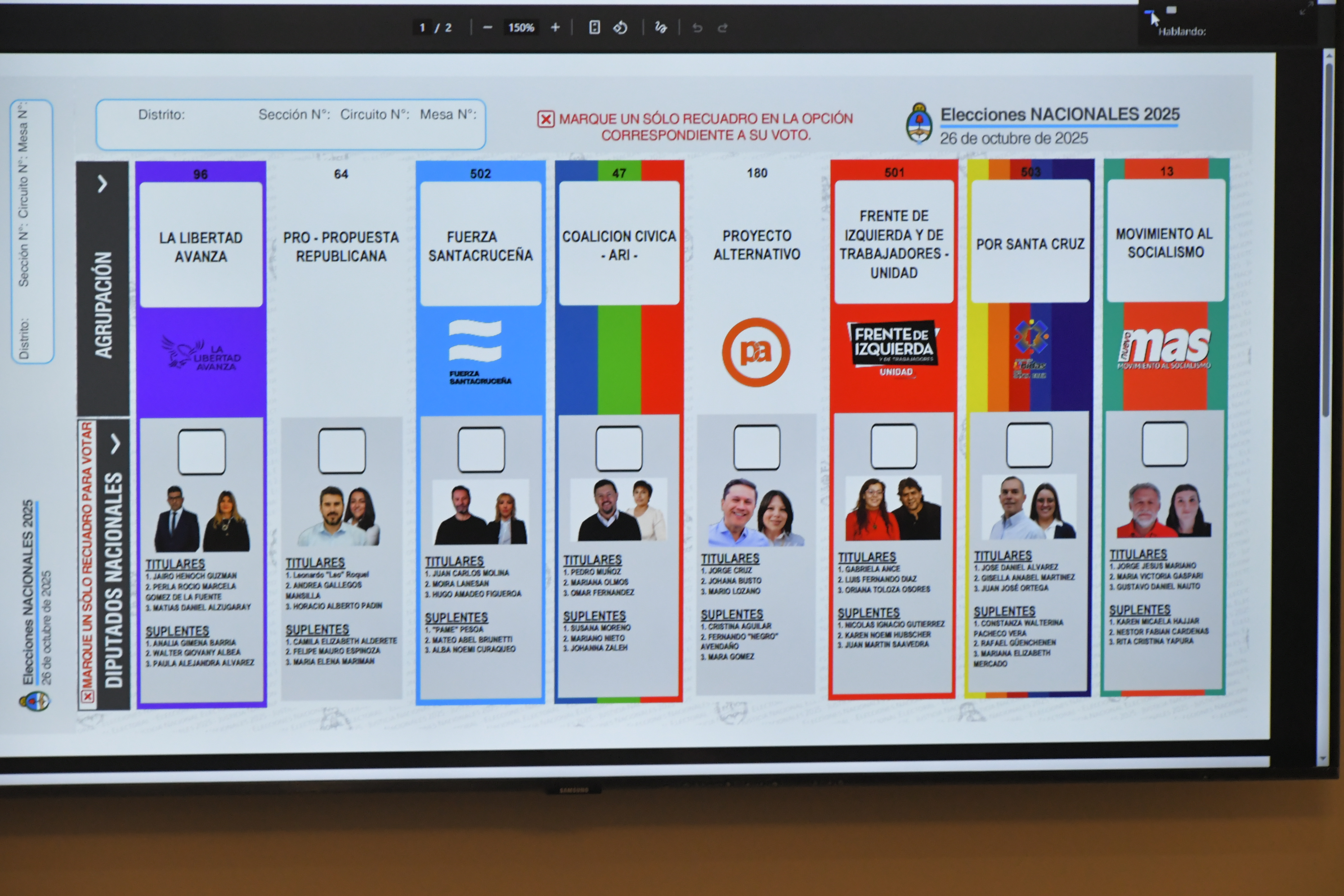  Así será el orden de las listas en la Boleta Única Papel en las elecciones 2025 en Santa Cruz. FOTO: JOSÉ SILVA / LA OPINIÓN AUSTRAL.