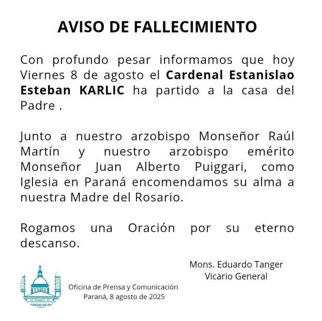 Murió el cardenal argentino Estanislao Esteban Karlic a los 99 años