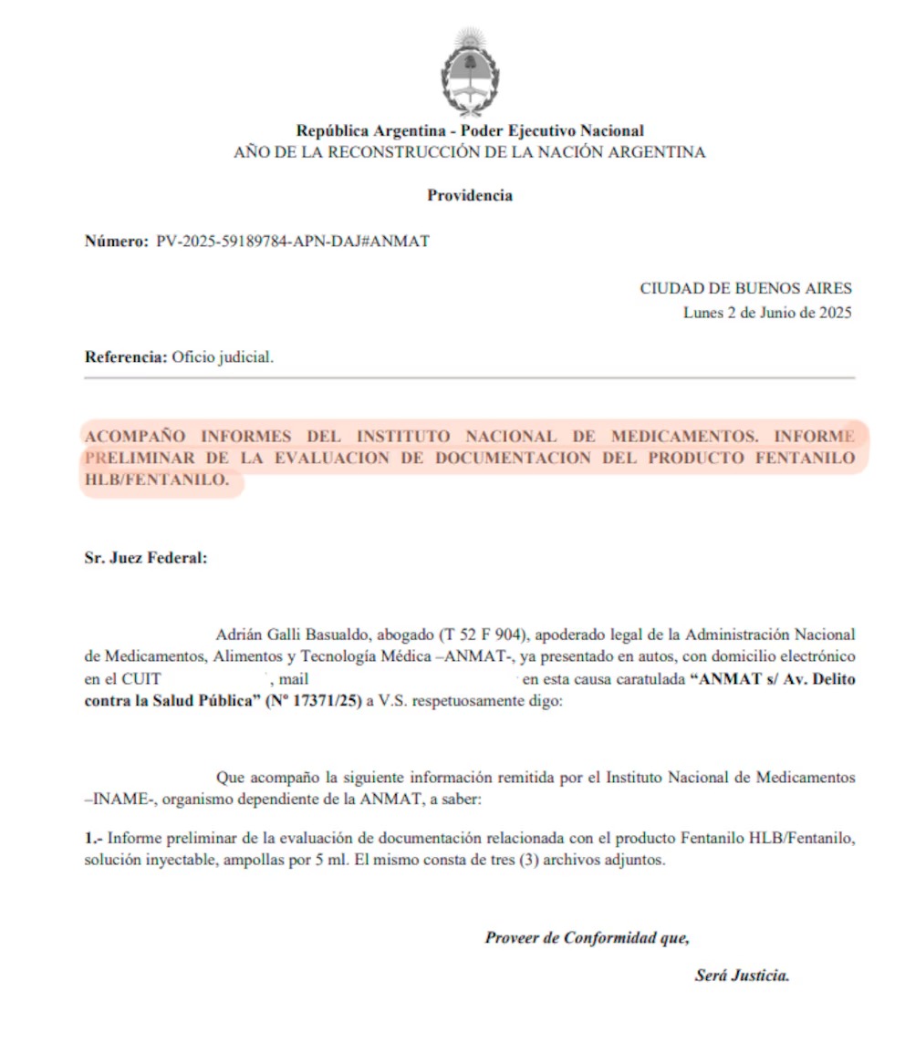  El documento de la ANMAT presentado ante el juzgado de Ernesto Kreplak.