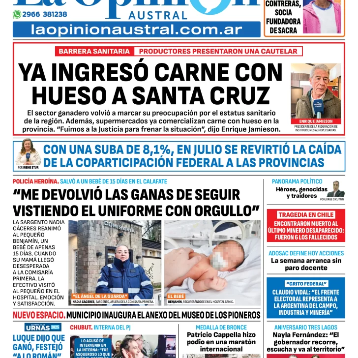 Tapa del Diario La Opinión Austral edición impresa del lunes 4 de agosto de 2025, Río Gallegos, Santa Cruz, Argentina Tapa del Diario La Opinión Austral edición impresa del lunes 4 de agosto de 2025, Río Gallegos, Santa Cruz, Argentina