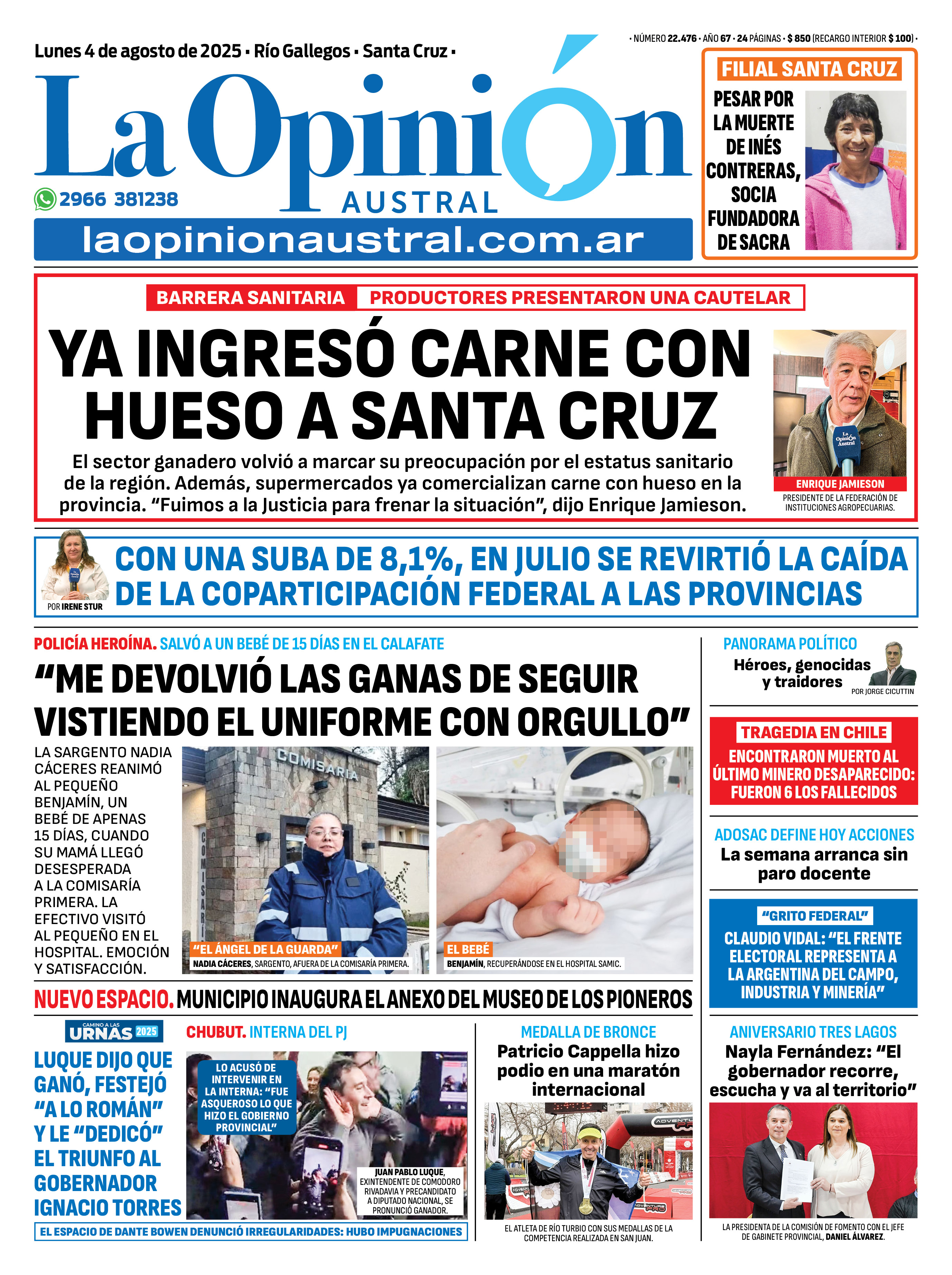  La tapa de La Opinión Austral de este lunes.
