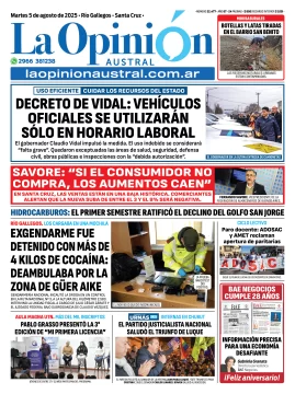 Tapa del Diario La Opinión Austral edición impresa del martes 5 de agosto de 2025, Río Gallegos, Santa Cruz, Argentina