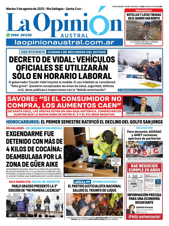 Tapa del Diario La Opinión Austral edición impresa del martes 5 de agosto de 2025, Río Gallegos, Santa Cruz, Argentina