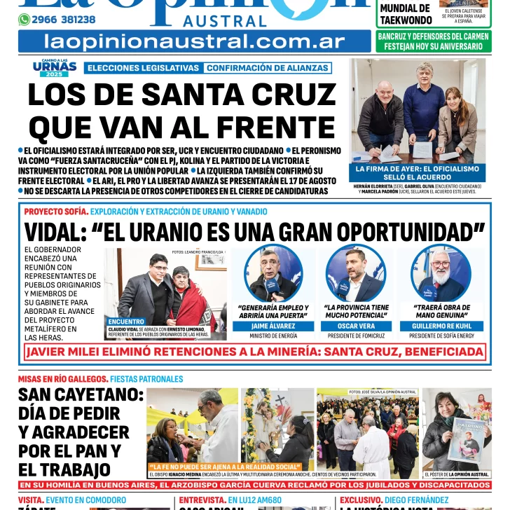 Tapa del Diario La Opinión Austral edición impresa del viernes 8 de agosto de 2025, Río Gallegos, Santa Cruz, Argentina