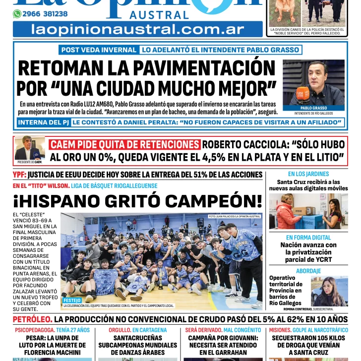 Tapa del Diario La Opinión Austral edición impresa del martes 12 de agosto de 2025, Río Gallegos, Santa Cruz, Argentina Tapa del Diario La Opinión Austral edición impresa del martes 12 de agosto de 2025, Río Gallegos, Santa Cruz, Argentina