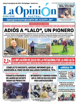 Tapa del Diario La Opinión Austral edición impresa del jueves 14 de agosto de 2025, Río Gallegos, Santa Cruz, Argentina Tapa del Diario La Opinión Austral edición impresa del jueves 14 de agosto de 2025, Río Gallegos, Santa Cruz, Argentina