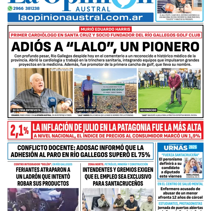 Tapa del Diario La Opinión Austral edición impresa del jueves 14 de agosto de 2025, Río Gallegos, Santa Cruz, Argentina Tapa del Diario La Opinión Austral edición impresa del jueves 14 de agosto de 2025, Río Gallegos, Santa Cruz, Argentina