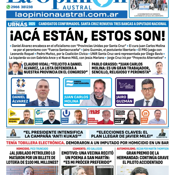 Tapa del Diario La Opinión Austral edición impresa del lunes 18 de agosto de 2025, Río Gallegos, Santa Cruz, Argentina Tapa del Diario La Opinión Austral edición impresa del lunes 18 de agosto de 2025, Río Gallegos, Santa Cruz, Argentina