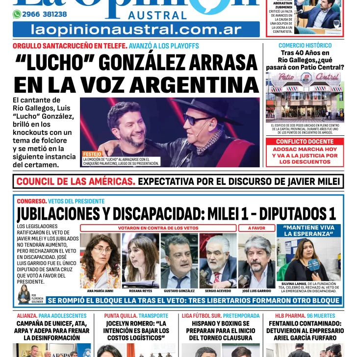 Tapa del Diario La Opinión Austral edición impresa del jueves 21 de agosto de 2025, Río Gallegos, Santa Cruz, Argentina