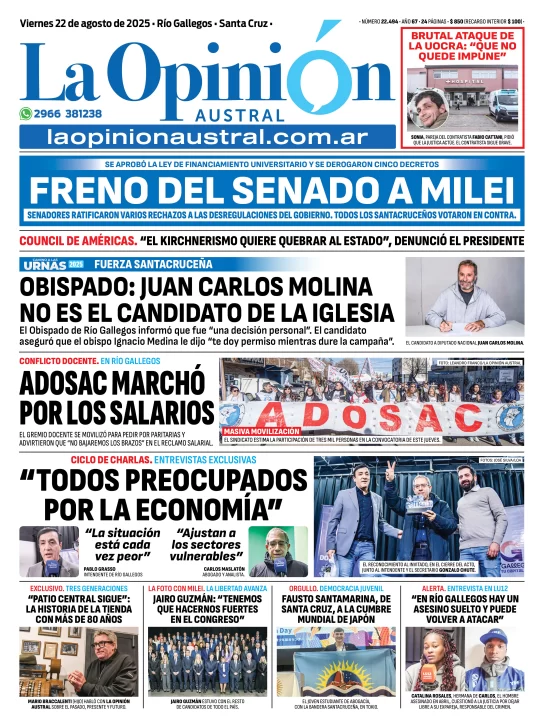 Tapa del Diario La Opinión Austral edición impresa del viernes 22 de agosto de 2025, Río Gallegos, Santa Cruz, Argentina