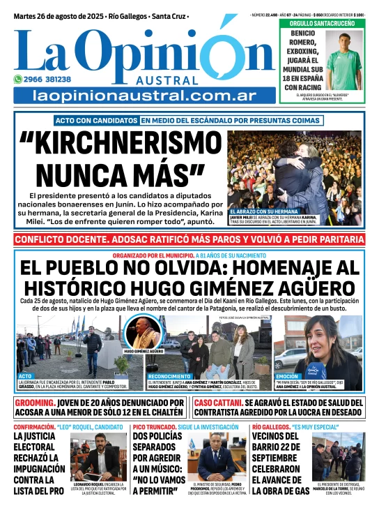 Tapa del Diario La Opinión Austral edición impresa del martes 26 de agosto de 2025, Río Gallegos, Santa Cruz, Argentina