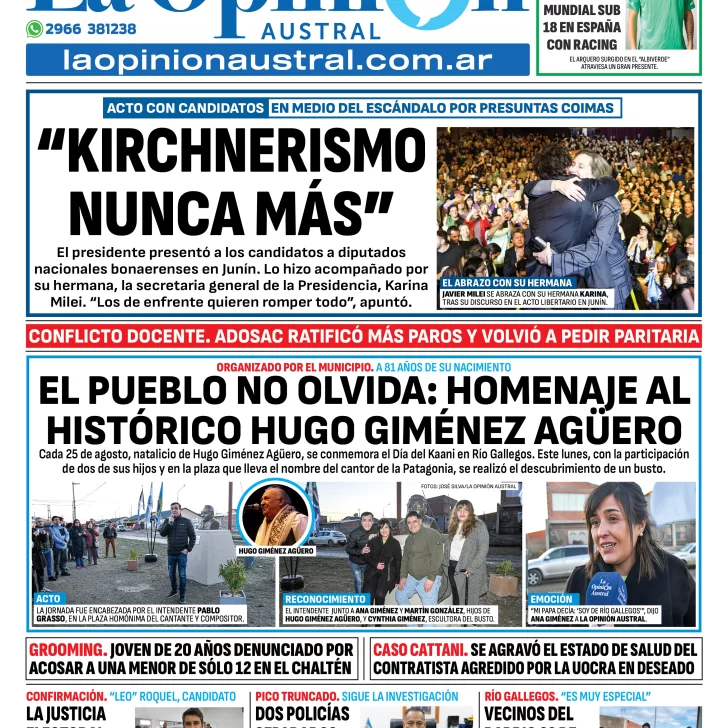 Tapa del Diario La Opinión Austral edición impresa del martes 26 de agosto de 2025, Río Gallegos, Santa Cruz, Argentina Tapa del Diario La Opinión Austral edición impresa del martes 26 de agosto de 2025, Río Gallegos, Santa Cruz, Argentina