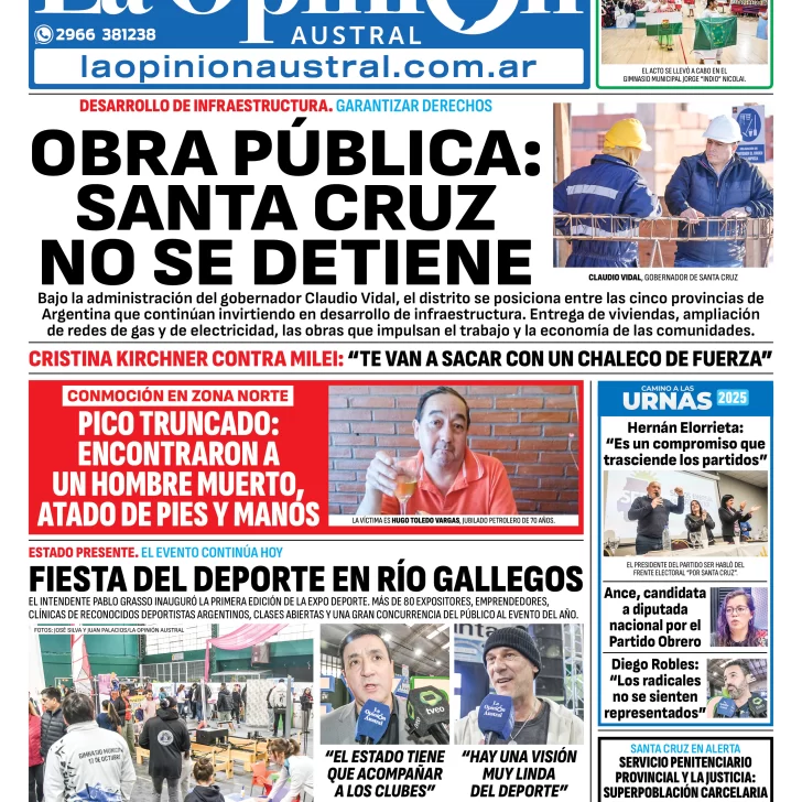Tapa del Diario La Opinión Austral edición impresa del domingo 10 de agosto de 2025, Río Gallegos, Santa Cruz, Argentina Tapa del Diario La Opinión Austral edición impresa del domingo 10 de agosto de 2025, Río Gallegos, Santa Cruz, Argentina