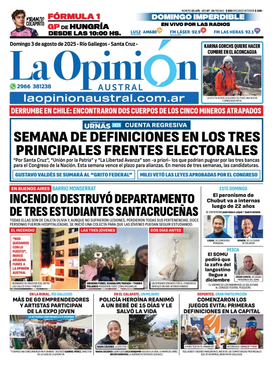 Tapa del Diario La Opinión Austral edición impresa del domingo 3 de agosto de 2025, Río Gallegos, Santa Cruz, Argentina