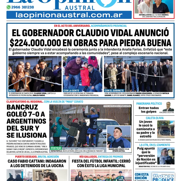 Tapa del Diario La Opinión Austral edición impresa del lunes 25 de agosto de 2025, Río Gallegos, Santa Cruz, Argentina Tapa del Diario La Opinión Austral edición impresa del lunes 25 de agosto de 2025, Río Gallegos, Santa Cruz, Argentina
