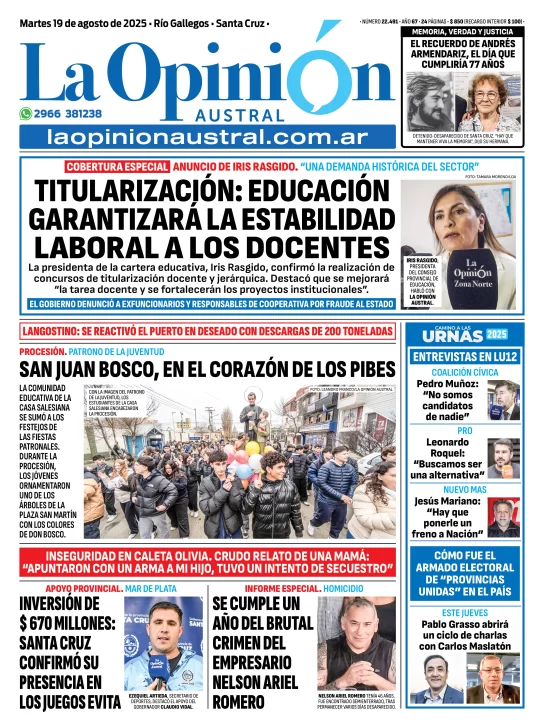Tapa del Diario La Opinión Austral edición impresa del martes 19 de agosto de 2025, Río Gallegos, Santa Cruz, Argentina