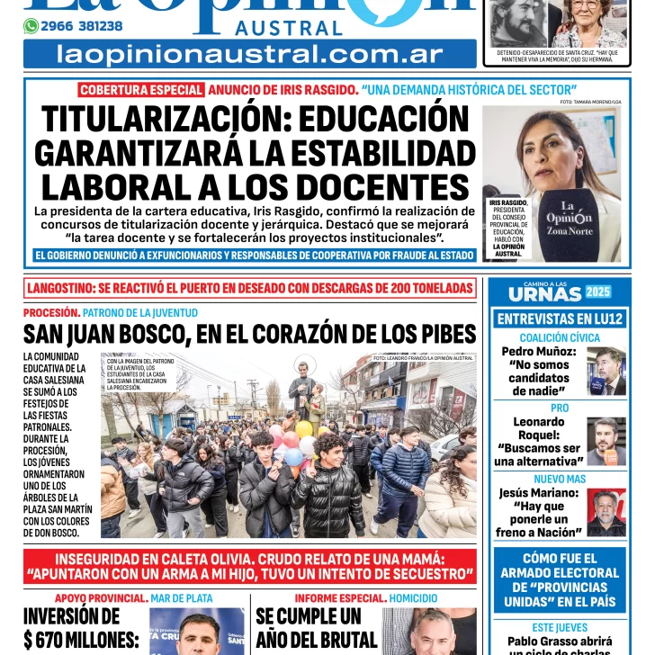Tapa del Diario La Opinión Austral edición impresa del martes 19 de agosto de 2025, Río Gallegos, Santa Cruz, Argentina Tapa del Diario La Opinión Austral edición impresa del martes 19 de agosto de 2025, Río Gallegos, Santa Cruz, Argentina