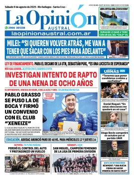 Tapa del Diario La Opinión Austral edición impresa del sábado 9 de agosto de 2025, Río Gallegos, Santa Cruz, Argentina Tapa del Diario La Opinión Austral edición impresa del sábado 9 de agosto de 2025, Río Gallegos, Santa Cruz, Argentina