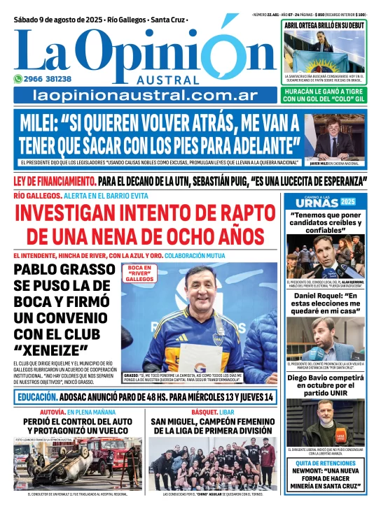 Tapa del Diario La Opinión Austral edición impresa del sábado 9 de agosto de 2025, Río Gallegos, Santa Cruz, Argentina