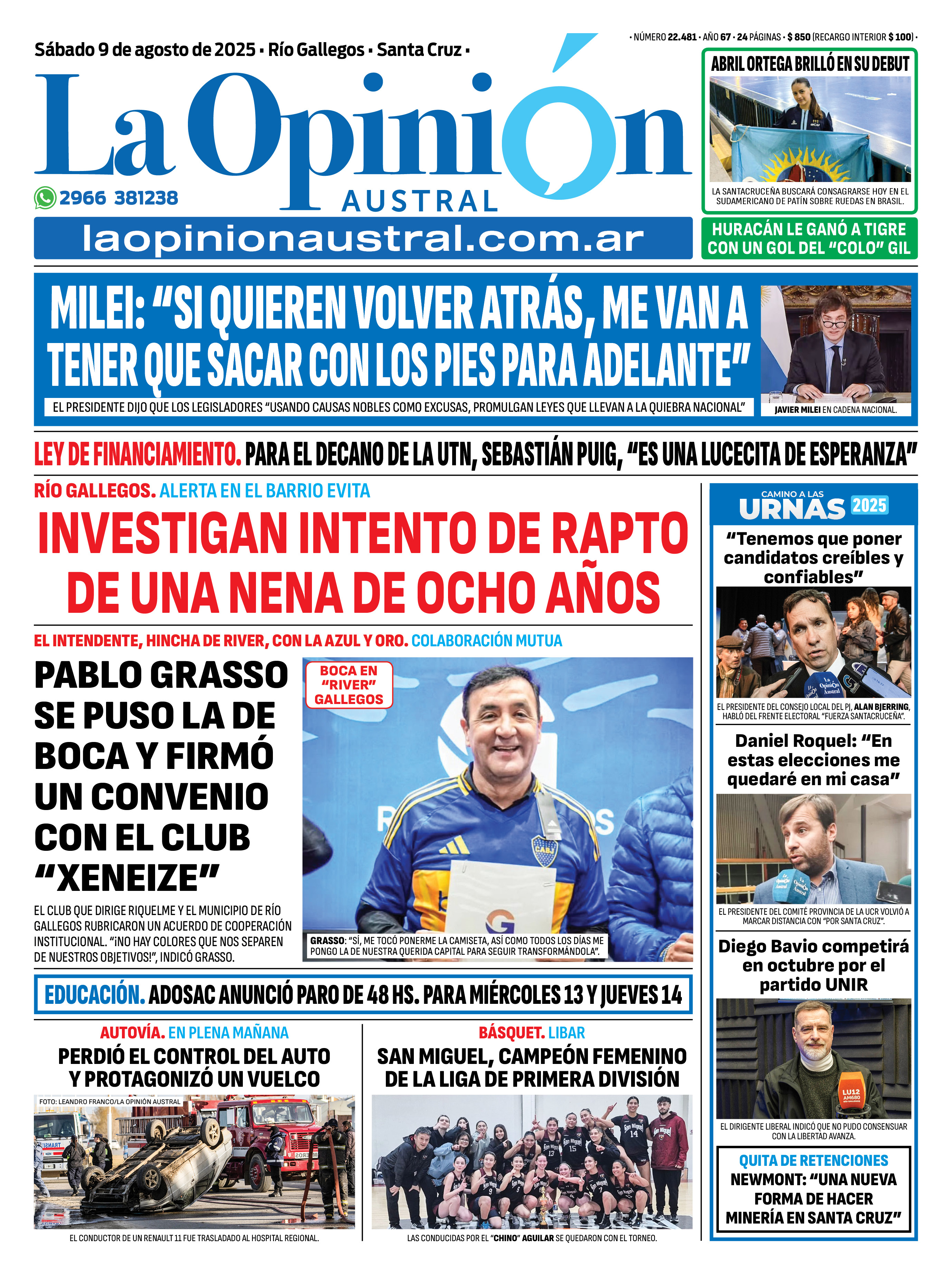  Tapa del Diario La Opinión Austral del sábado 9 de agosto de 2025.