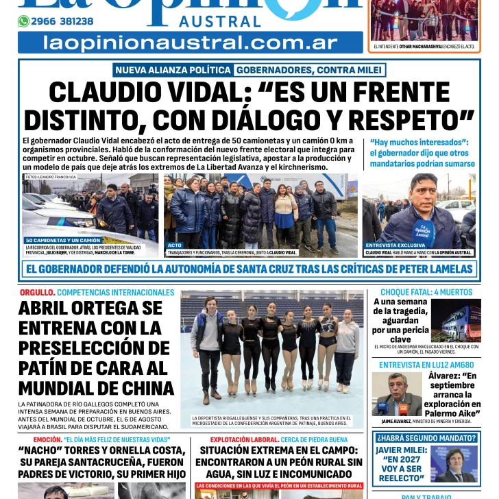 Tapa del Diario La Opinión Austral edición impresa del viernes 1° de agosto de 2025, Río Gallegos, Santa Cruz, Argentina Tapa del Diario La Opinión Austral edición impresa del viernes 1° de agosto de 2025, Río Gallegos, Santa Cruz, Argentina