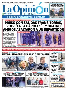 Tapa del Diario La Opinión Austral edición impresa del viernes 15 de agosto de 2025, Río Gallegos, Santa Cruz, Argentina Tapa del Diario La Opinión Austral edición impresa del viernes 15 de agosto de 2025, Río Gallegos, Santa Cruz, Argentina