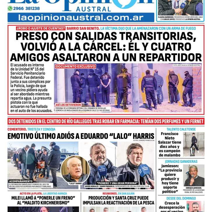 Tapa del Diario La Opinión Austral edición impresa del viernes 15 de agosto de 2025, Río Gallegos, Santa Cruz, Argentina Tapa del Diario La Opinión Austral edición impresa del viernes 15 de agosto de 2025, Río Gallegos, Santa Cruz, Argentina