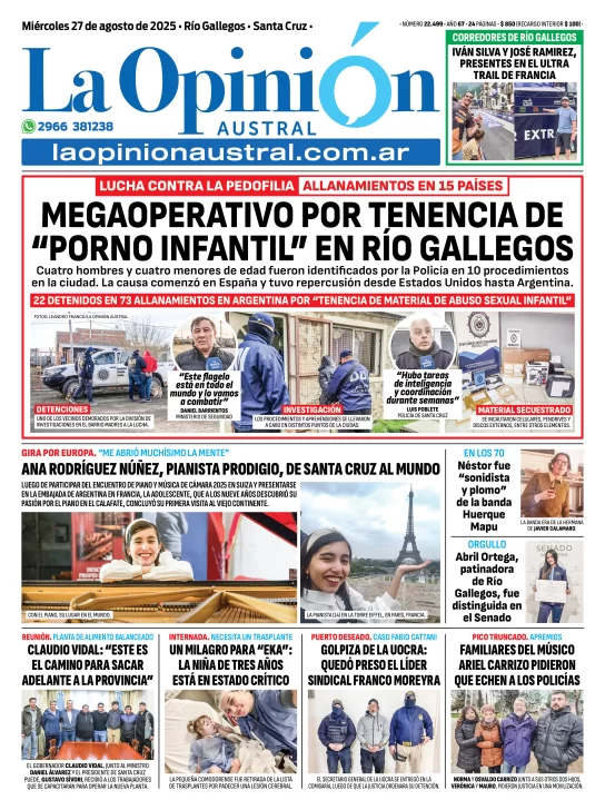 Tapa del Diario La Opinión Austral edición impresa del miércoles 27 de agosto de 2025, Río Gallegos, Santa Cruz, Argentina