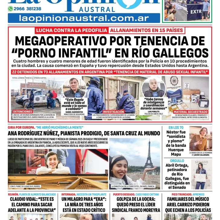 Tapa del Diario La Opinión Austral edición impresa del miércoles 27 de agosto de 2025, Río Gallegos, Santa Cruz, Argentina