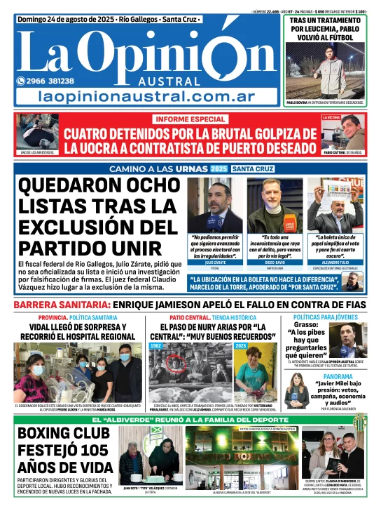 Tapa del Diario La Opinión Austral edición impresa del domingo 24 de agosto de 2025, Río Gallegos, Santa Cruz, Argentina
