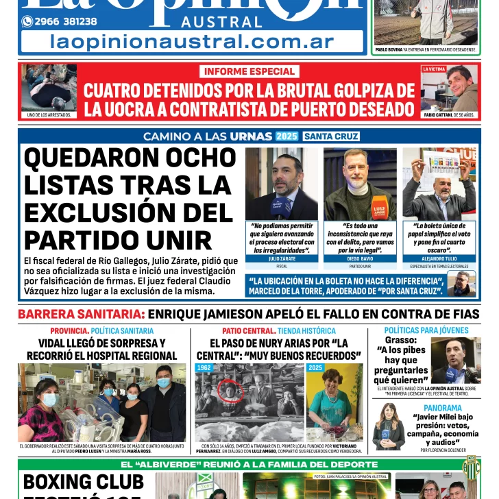 Tapa del Diario La Opinión Austral edición impresa del domingo 24 de agosto de 2025, Río Gallegos, Santa Cruz, Argentina Tapa del Diario La Opinión Austral edición impresa del domingo 24 de agosto de 2025, Río Gallegos, Santa Cruz, Argentina