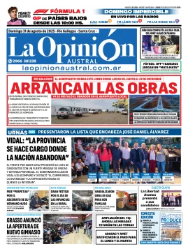 Tapa del Diario La Opinión Austral edición impresa del domingo 31 de agosto de 2025, Río Gallegos, Santa Cruz, Argentina Tapa del Diario La Opinión Austral edición impresa del domingo 31 de agosto de 2025, Río Gallegos, Santa Cruz, Argentina