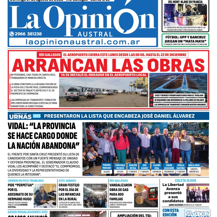 Tapa del Diario La Opinión Austral edición impresa del domingo 31 de agosto de 2025, Río Gallegos, Santa Cruz, Argentina Tapa del Diario La Opinión Austral edición impresa del domingo 31 de agosto de 2025, Río Gallegos, Santa Cruz, Argentina
