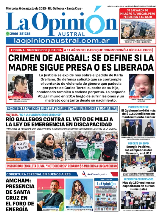 Tapa del Diario La Opinión Austral edición impresa del miércoles 6 de agosto de 2025, Río Gallegos, Santa Cruz, Argentina