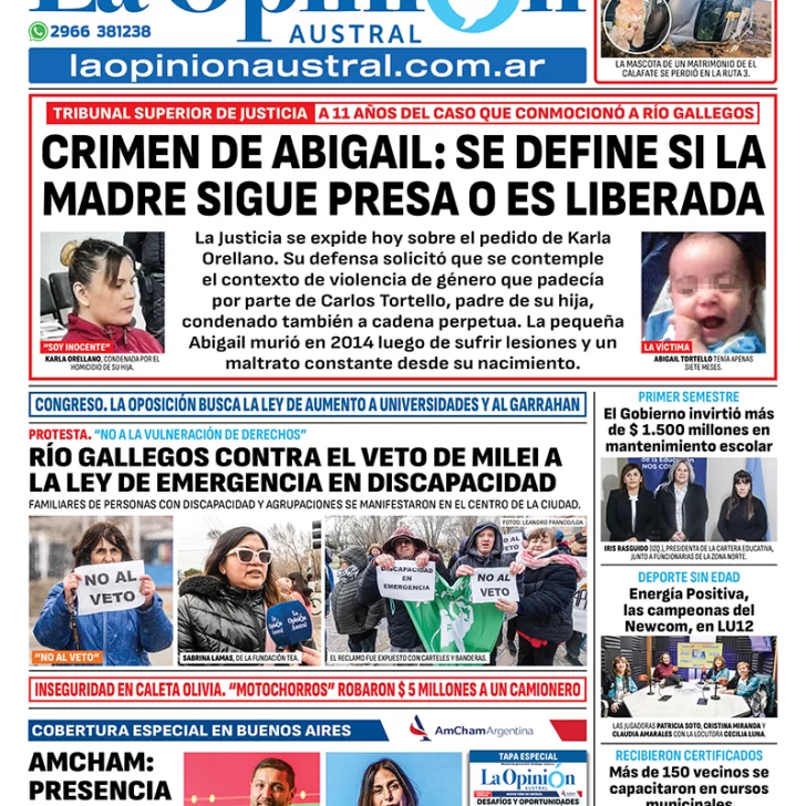 Tapa del Diario La Opinión Austral edición impresa del miércoles 6 de agosto de 2025, Río Gallegos, Santa Cruz, Argentina