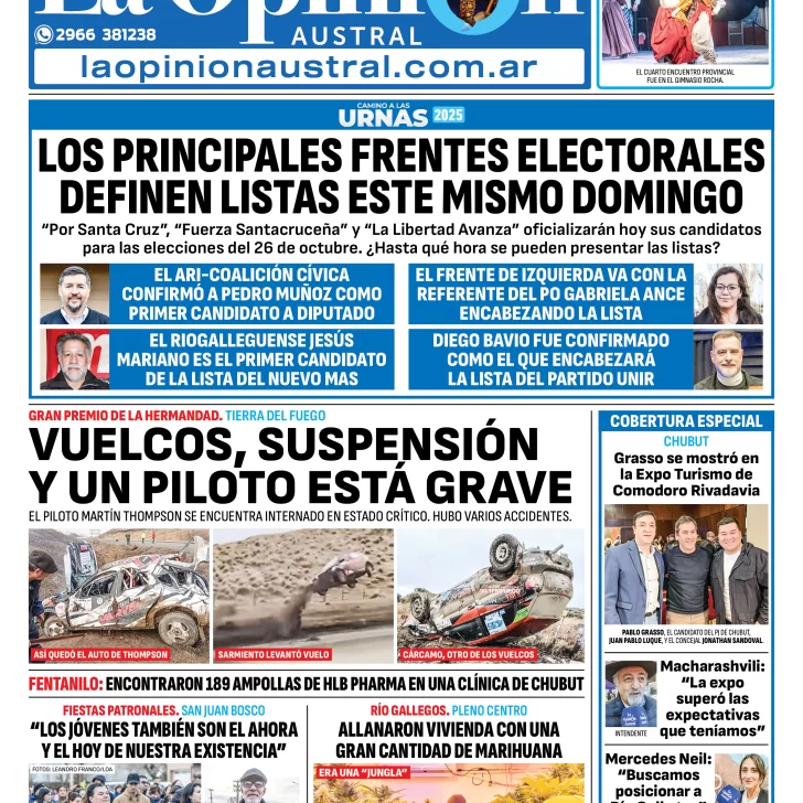 Tapa del Diario La Opinión Austral edición impresa del domingo 17 de agosto de 2025, Río Gallegos, Santa Cruz, Argentina Tapa del Diario La Opinión Austral edición impresa del domingo 17 de agosto de 2025, Río Gallegos, Santa Cruz, Argentina