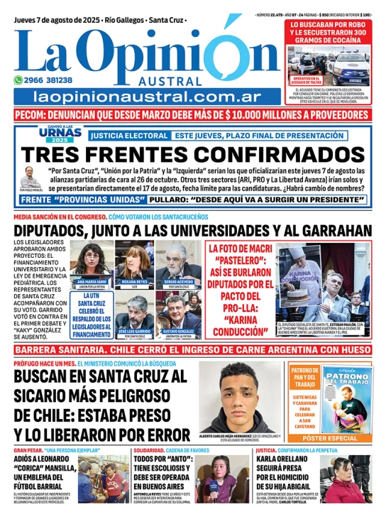  Tapa del Diario La Opinión Austral edición impresa del jueves 7 de agosto de 2025.