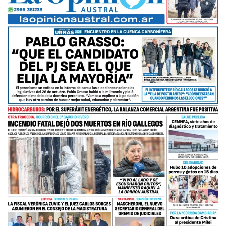 Tapa del Diario La Opinión Austral edición impresa del sábado 2 de agosto de 2025, Río Gallegos, Santa Cruz, Argentina