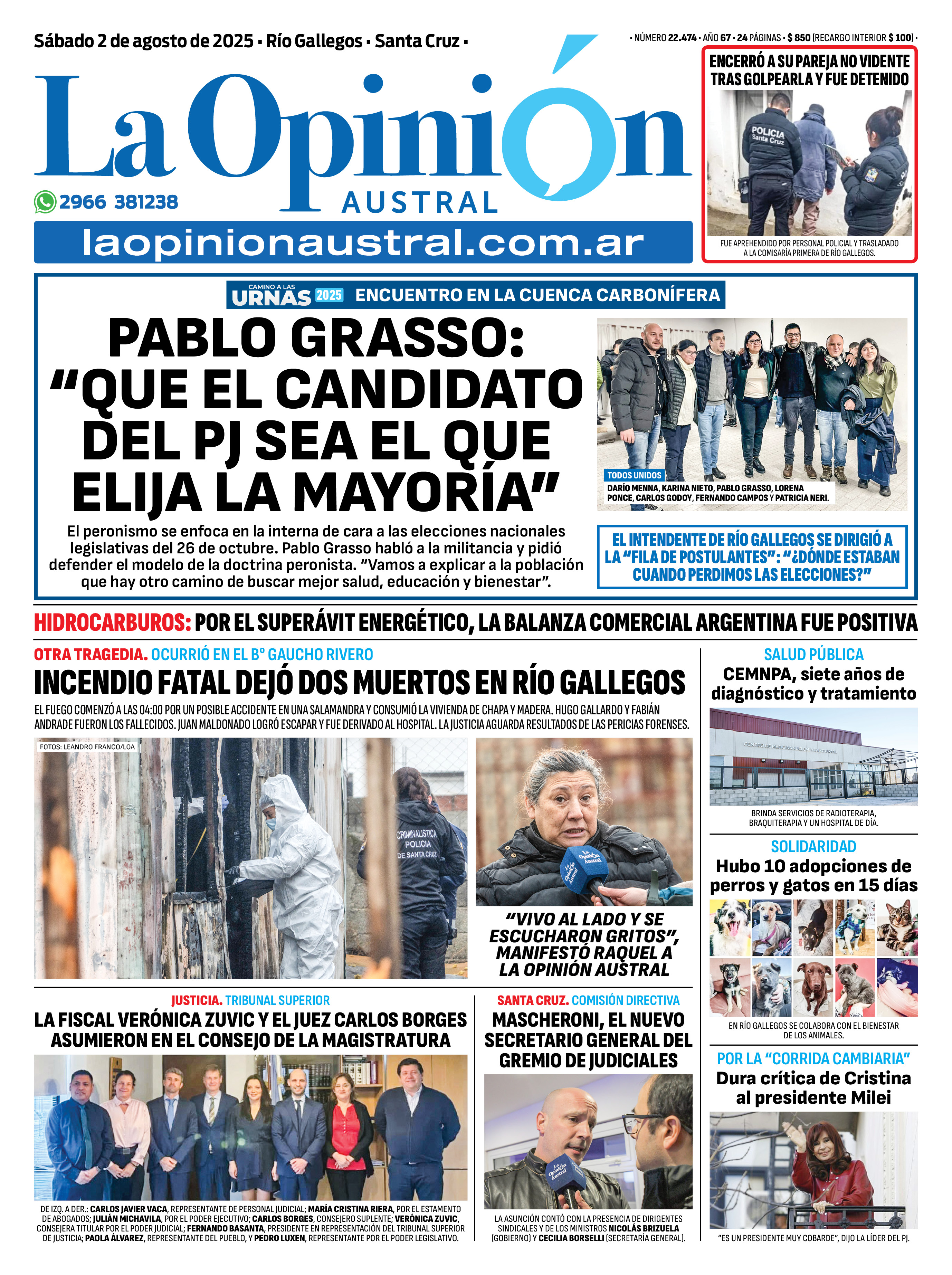  Tapa del Diario La Opinión Austral edición impresa del sábado 2 de agosto de 2025.